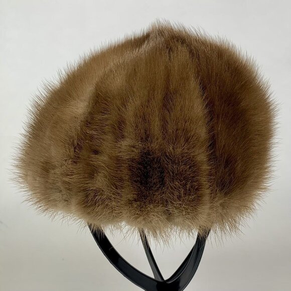 Womens Hat Vtg 1960s Light Brown Mink Fur Pillbox Mid Century Modern Luxury